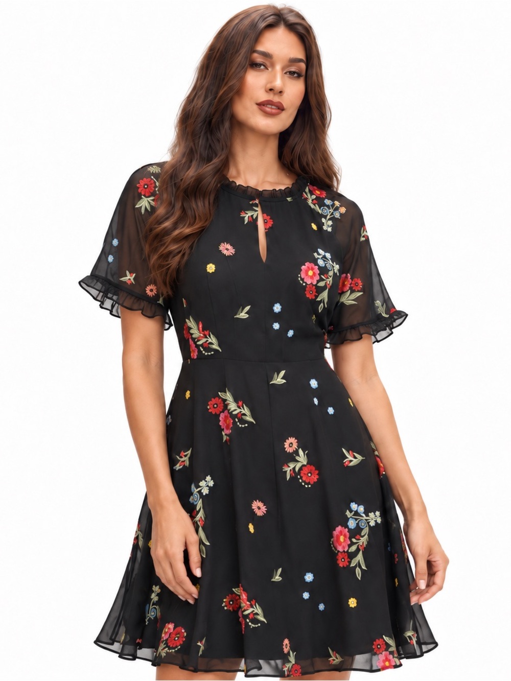 Kensie Black Floral Embroidered Chiffon Ruffle Sleeve Mini Dress Size 4